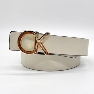 Calvin Klein Cream Belt Gold Buckle Monogram Logo Plaque Reversible Belt Large